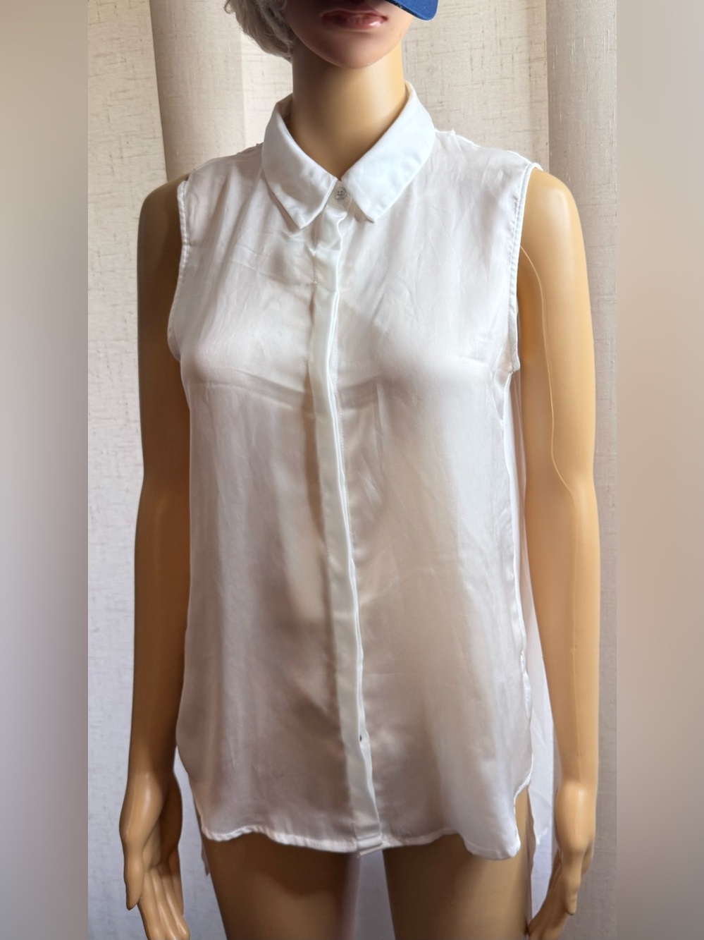 Joan Vass semi sheer, button down, high low blouse.